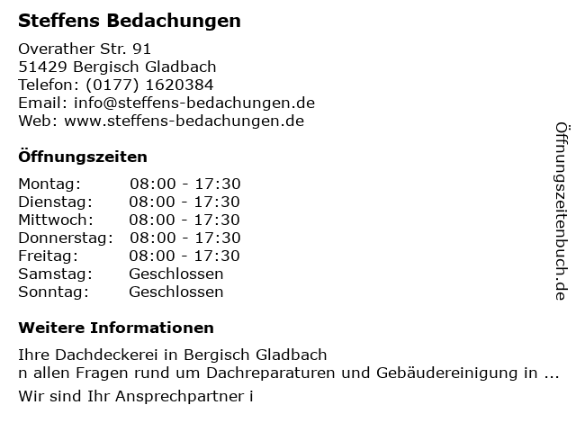 Steffens Bedachungen in Bergisch Gladbach: Adresse und Öffnungszeiten