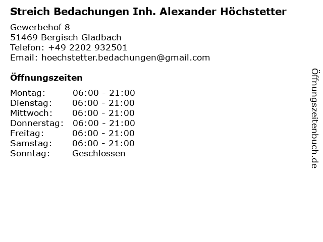 Streich Bedachungen Inh. Alexander Höchstetter in Bergisch Gladbach: Adresse und Öffnungszeiten