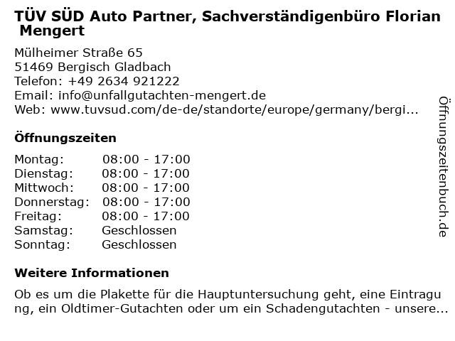 TÜV SÜD Auto Partner, Sachverständigenbüro Florian Mengert in Bergisch Gladbach: Adresse und Öffnungszeiten