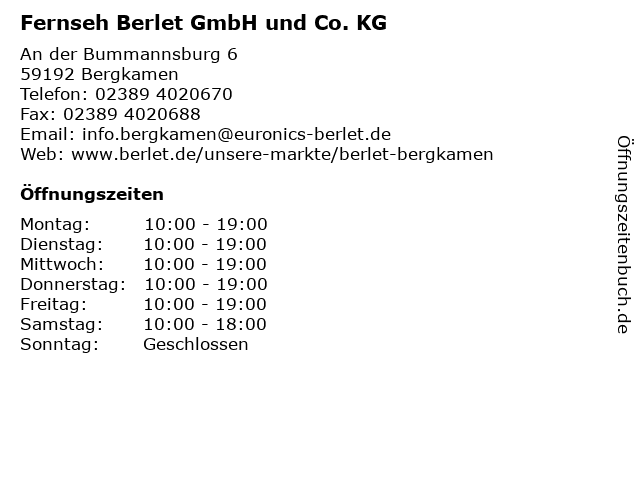 Fernseh Berlet GmbH und Co. KG in Bergkamen: Adresse und Öffnungszeiten