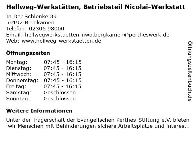 Hellweg-Werkstätten, Betriebsteil Nicolai-Werkstatt in Bergkamen: Adresse und Öffnungszeiten