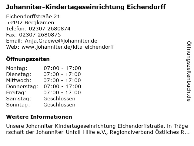 Johanniter-Kindertageseinrichtung Eichendorff in Bergkamen: Adresse und Öffnungszeiten