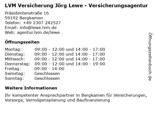 ᐅ Offnungszeiten Lvm Versicherung Jorg Lewe Prasidentenstr 16 In Bergkamen