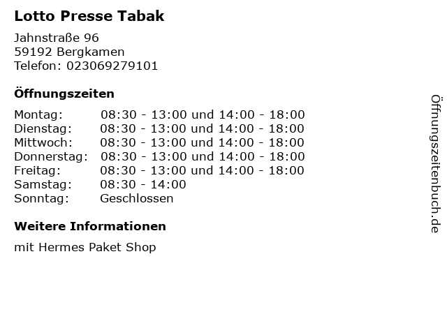 Lotto Presse Tabak in Bergkamen: Adresse und Öffnungszeiten