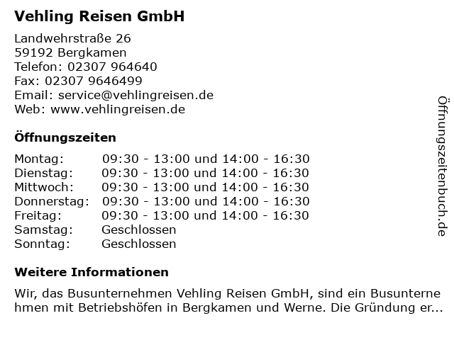 Vehling Reisen GmbH in Bergkamen: Adresse und Öffnungszeiten