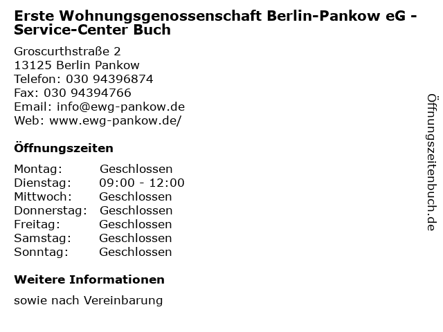 Erste Wohnungsgenossenschaft Berlin-Pankow eG - Service-Center Buch in Berlin Pankow: Adresse und Öffnungszeiten