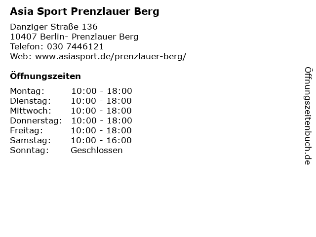 Asia Sport Prenzlauer Berg in Berlin- Prenzlauer Berg: Adresse und Öffnungszeiten