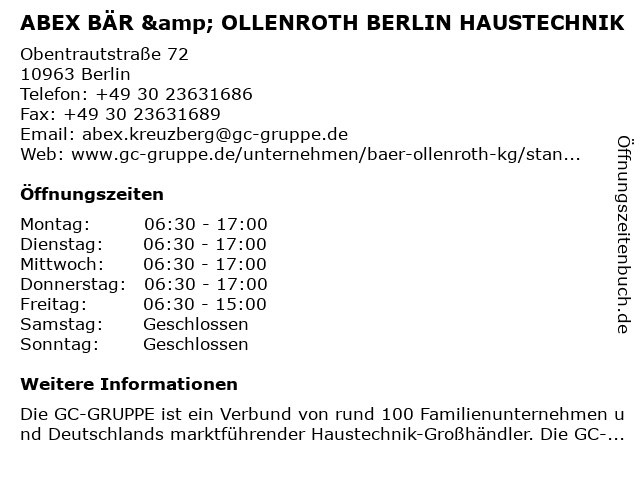 ABEX BÄR & OLLENROTH BERLIN HAUSTECHNIK in Berlin: Adresse und Öffnungszeiten