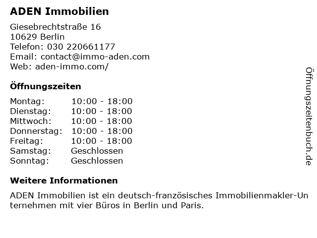á… Offnungszeiten Aden Immo Gmbh Charlottenburg Giesebrechtstrasse 16 In Berlin