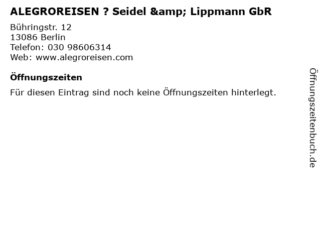 ALEGROREISEN ? Seidel & Lippmann GbR in Berlin: Adresse und Öffnungszeiten