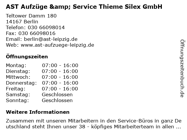 AST Aufzüge & Service Thieme Silex GmbH in Berlin: Adresse und Öffnungszeiten