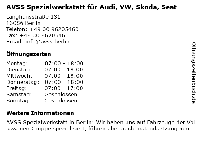 AVSS Spezialwerkstatt für Audi, VW, Skoda, Seat in Berlin: Adresse und Öffnungszeiten
