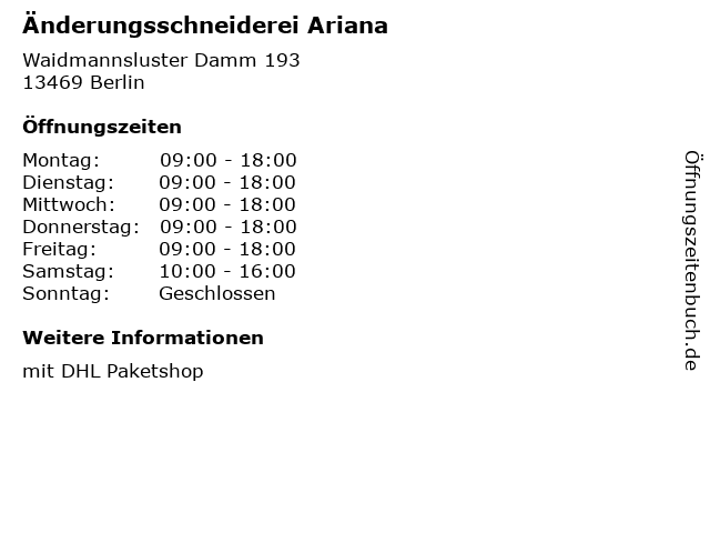 ᐅ Offnungszeiten Anderungsschneiderei Ariana Waidmannsluster Damm 193 In Berlin