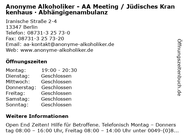 Anonyme Alkoholiker - AA Meeting / Jüdisches Krankenhaus · Abhängigenambulanz in Berlin: Adresse und Öffnungszeiten