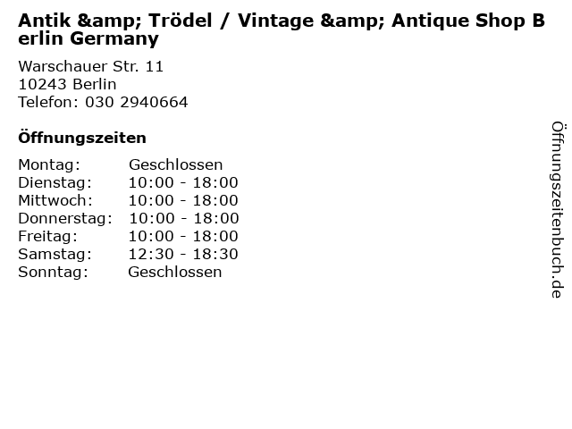 Antik & Trödel / Vintage & Antique Shop Berlin Germany in Berlin: Adresse und Öffnungszeiten