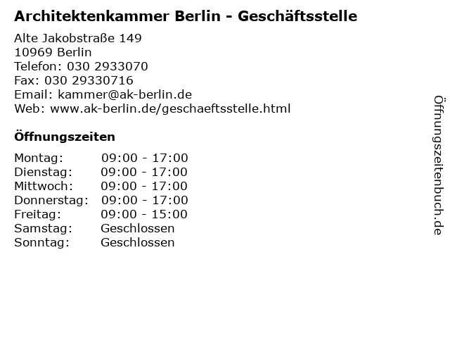 ᐅ öffnungszeiten Architektenkammer Berlin Alte Jakobstraße 149