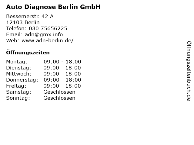 Auto Diagnose Berlin GmbH in Berlin: Adresse und Öffnungszeiten
