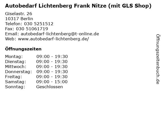 Autobedarf Lichtenberg Frank Nitze (mit GLS Shop) in Berlin: Adresse und Öffnungszeiten