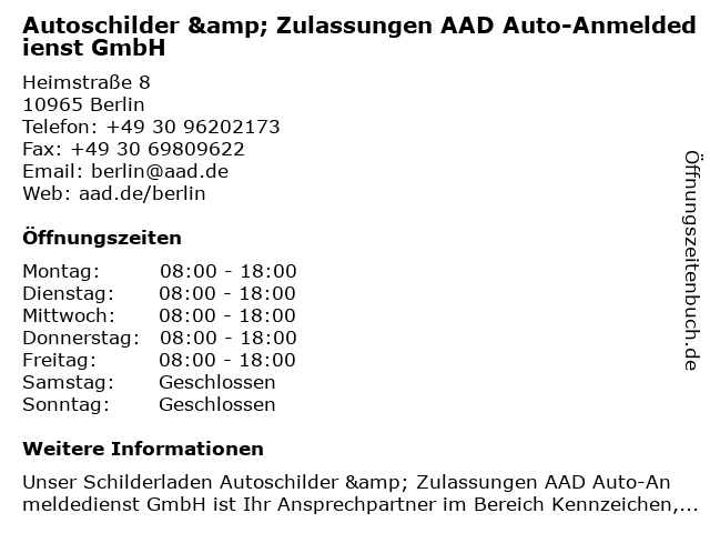 Autoschilder & Zulassungen AAD Auto-Anmeldedienst GmbH in Berlin: Adresse und Öffnungszeiten