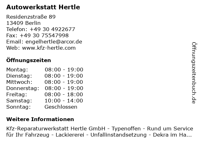 Autowerkstatt Hertle in Berlin: Adresse und Öffnungszeiten