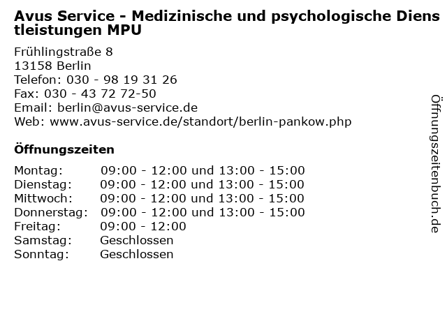 ᐅ Offnungszeiten Avus Service Medizinische Und Psychologische Dienstleistungen Mpu Fruhlingstrasse 8 In Berlin