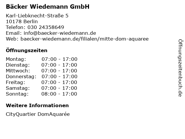 Bäcker Wiedemann GmbH in Berlin: Adresse und Öffnungszeiten