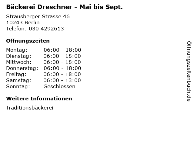 Bäckerei Dreschner - Mai bis Sept. in Berlin: Adresse und Öffnungszeiten