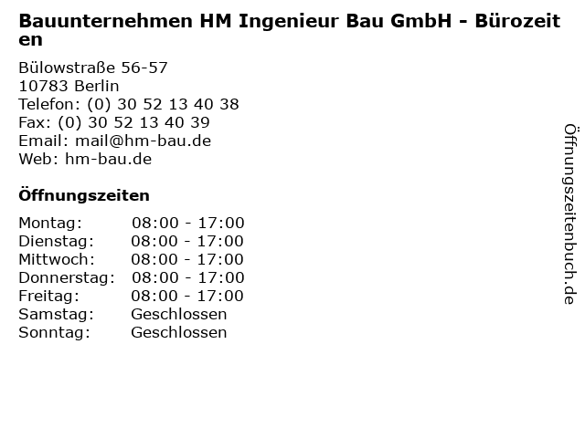Bauunternehmen HM Ingenieur Bau GmbH - Bürozeiten in Berlin: Adresse und Öffnungszeiten