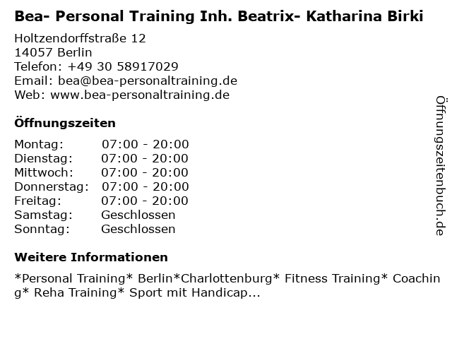 Bea- Personal Training Inh. Beatrix- Katharina Birki in Berlin: Adresse und Öffnungszeiten