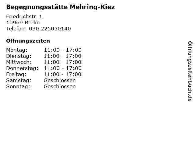 Begegnungsstätte Mehring-Kiez in Berlin: Adresse und Öffnungszeiten