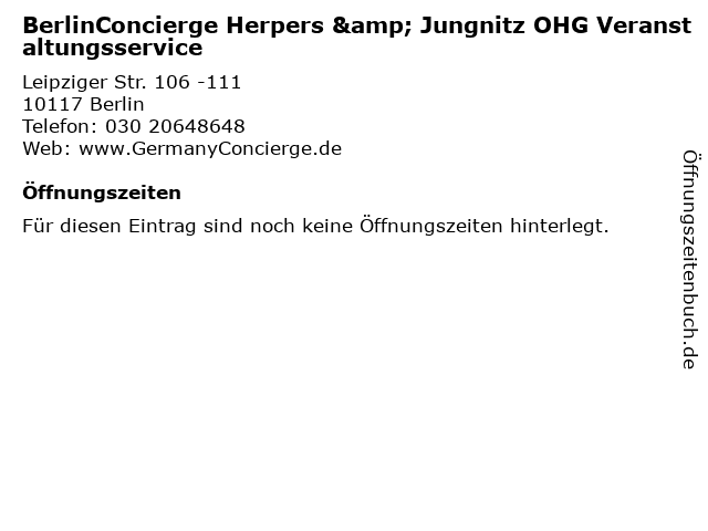 BerlinConcierge Herpers & Jungnitz OHG Veranstaltungsservice in Berlin: Adresse und Öffnungszeiten