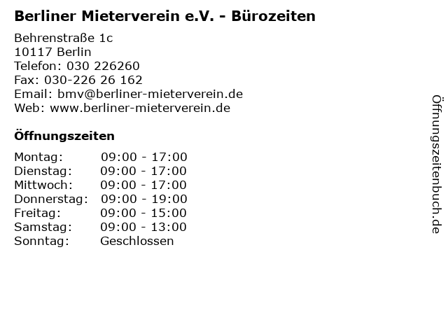 Berliner Mieterverein e.V. - Bürozeiten in Berlin: Adresse und Öffnungszeiten