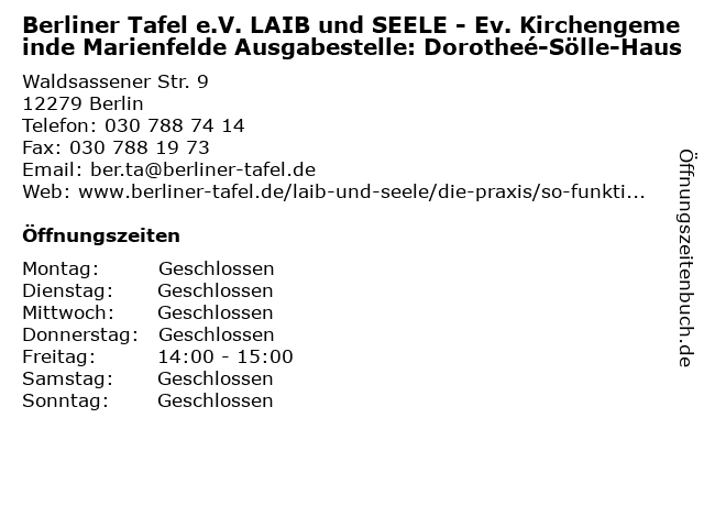 ᐅ Offnungszeiten Berliner Tafel E V Laib Und Seele Ev