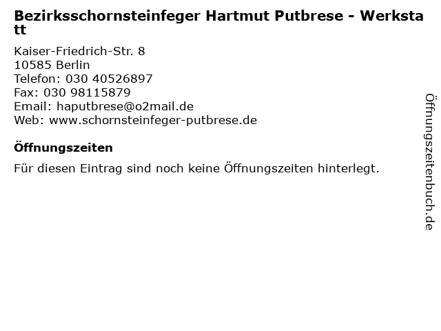Bezirksschornsteinfeger Hartmut Putbrese - Werkstatt in Berlin: Adresse und Öffnungszeiten