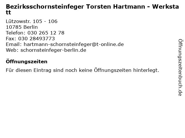 Bezirksschornsteinfeger Torsten Hartmann - Werkstatt in Berlin: Adresse und Öffnungszeiten