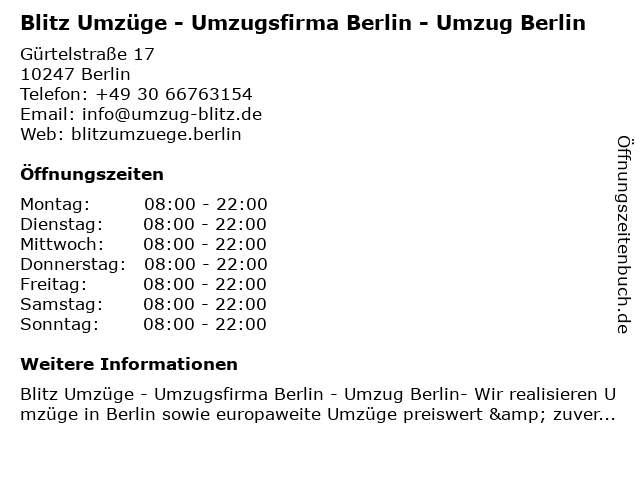 Blitz Umzüge - Umzugsfirma Berlin - Umzug Berlin in Berlin: Adresse und Öffnungszeiten