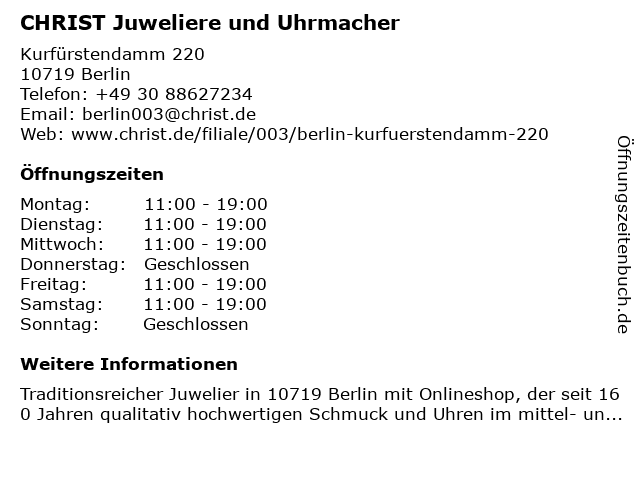 CHRIST Juweliere und Uhrmacher in Berlin: Adresse und Öffnungszeiten