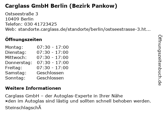 Carglass GmbH Berlin (Bezirk Pankow) in Berlin: Adresse und Öffnungszeiten