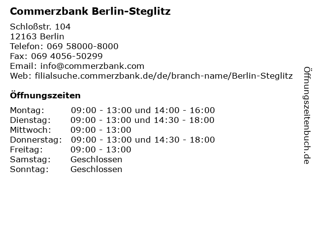 ᐅ Öffnungszeiten „Commerzbank Berlin-Steglitz“ | Schloßstr. 104 in Berlin