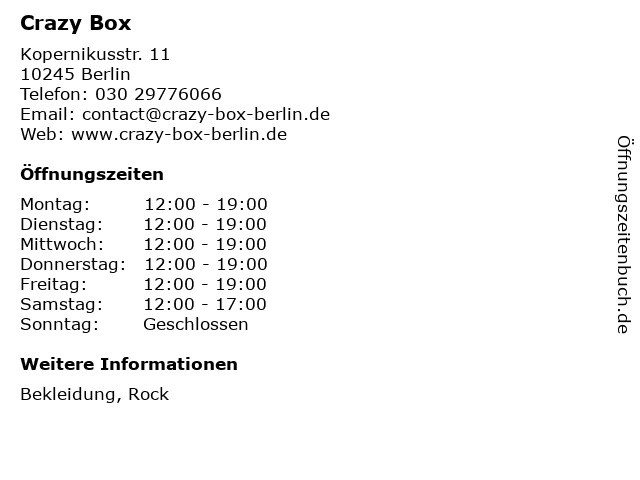 Crazy Box in Berlin: Adresse und Öffnungszeiten