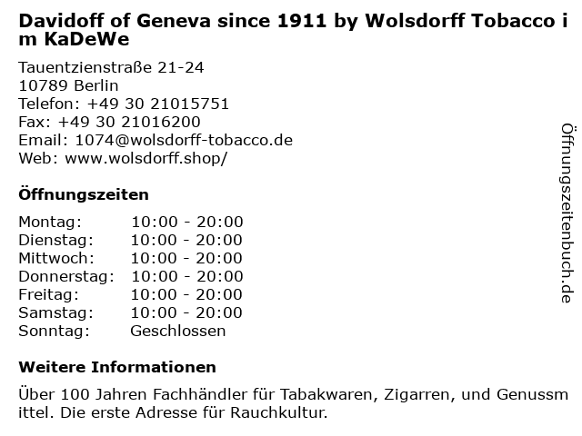 Davidoff of Geneva since 1911 by Wolsdorff Tobacco im KaDeWe in Berlin: Adresse und Öffnungszeiten