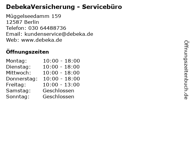 DebekaVersicherung - Servicebüro in Berlin: Adresse und Öffnungszeiten
