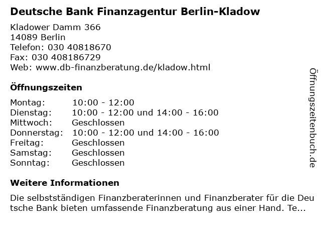 ᐅ Offnungszeiten Deutsche Bank Filiale Kladower Damm 366 In
