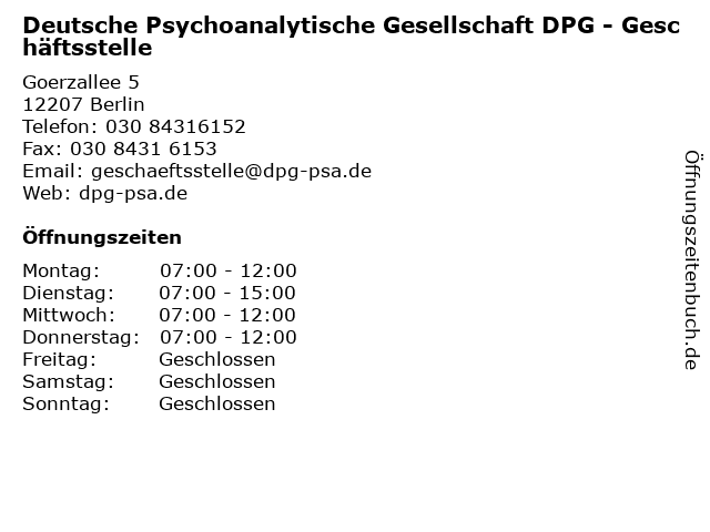 Deutsche Psychoanalytische Gesellschaft DPG - Geschäftsstelle in Berlin: Adresse und Öffnungszeiten
