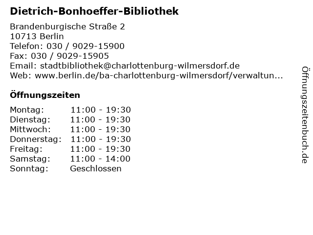 Dietrich-Bonhoeffer-Bibliothek in Berlin: Adresse und Öffnungszeiten