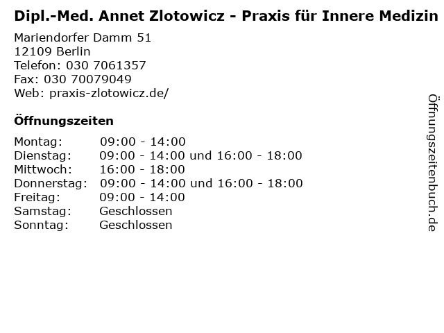 Dipl.-Med. Annet Zlotowicz - Praxis für Innere Medizin in Berlin: Adresse und Öffnungszeiten