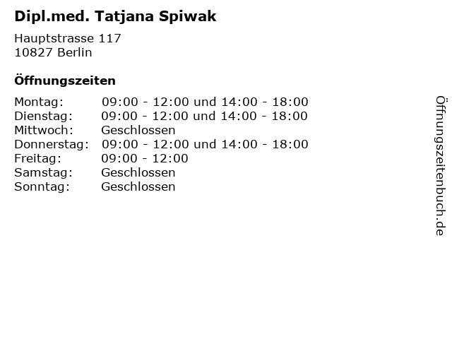 Dipl.med. Tatjana Spiwak in Berlin: Adresse und Öffnungszeiten