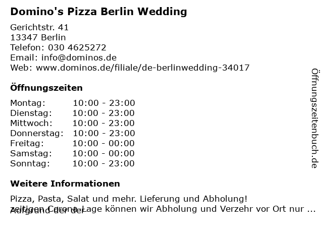 Domino's Pizza Berlin Wedding in Berlin: Adresse und Öffnungszeiten
