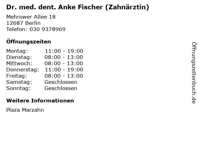 Dr. med. dent. Anke Fischer (Zahnärztin) in Berlin: Adresse und Öffnungszeiten