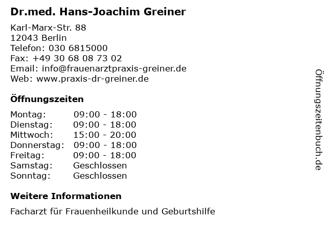 Dr.med. Hans-Joachim Greiner in Berlin: Adresse und Öffnungszeiten